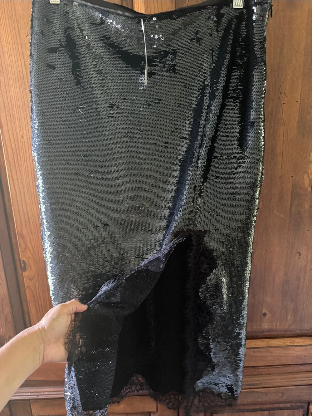 NWT JCREW COLLECTION BLACK SEQUIN MIDI SKIRT LACE TRIM FRONT SLIT. SIZE 10.